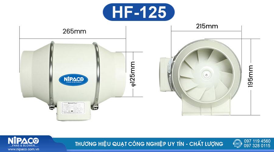 Quạt thông gió nối ống HF-125 Nipaco 12 Kích thước Quạt thông gió nối ống HF-125