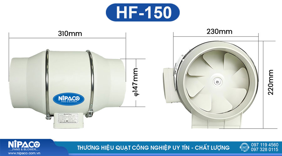 Kích thước Quạt thông gió nối ống HF-150 Nipaco