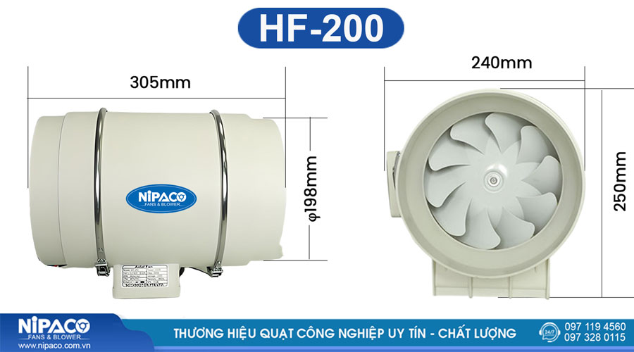 Kích thước Quạt thông gió nối ống HF-200