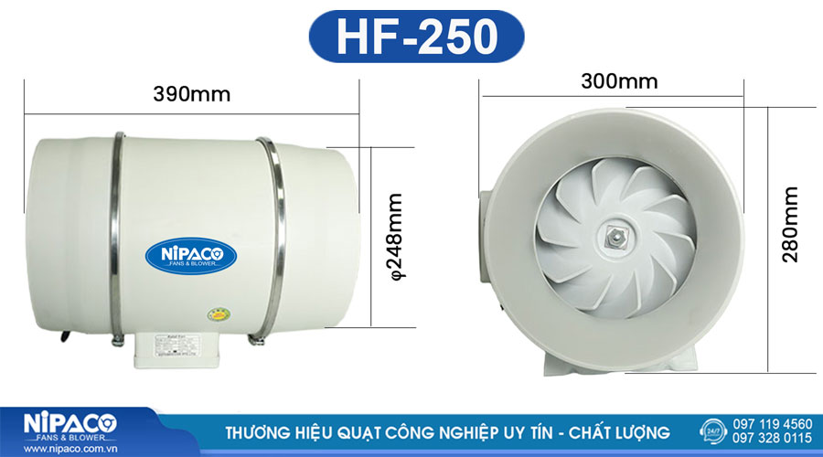 Kích thước Quạt thông gió nối ống HF-250 Nipaco