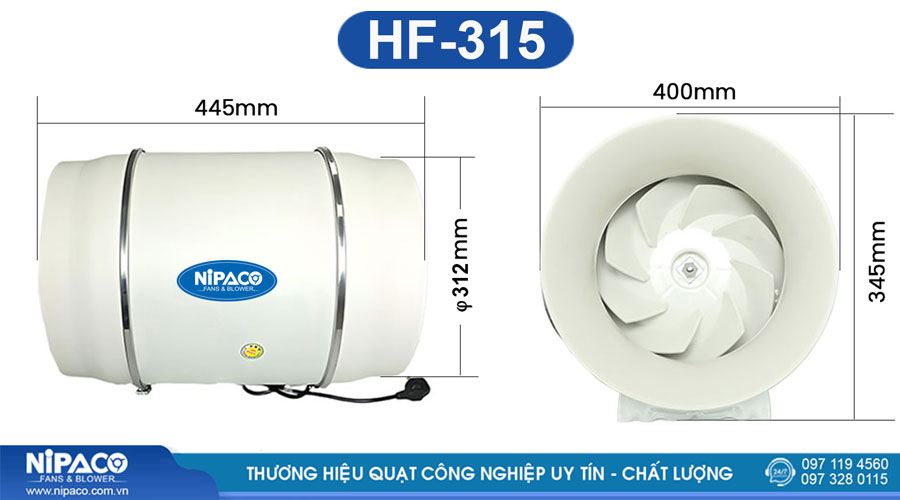 Kích thước Quạt thông gió nối ống HF-315